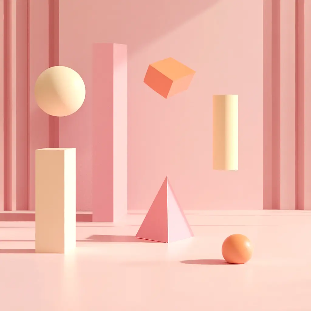 Dekorative 3D-Szene mit geometrischen Formen in Rosa und Beige