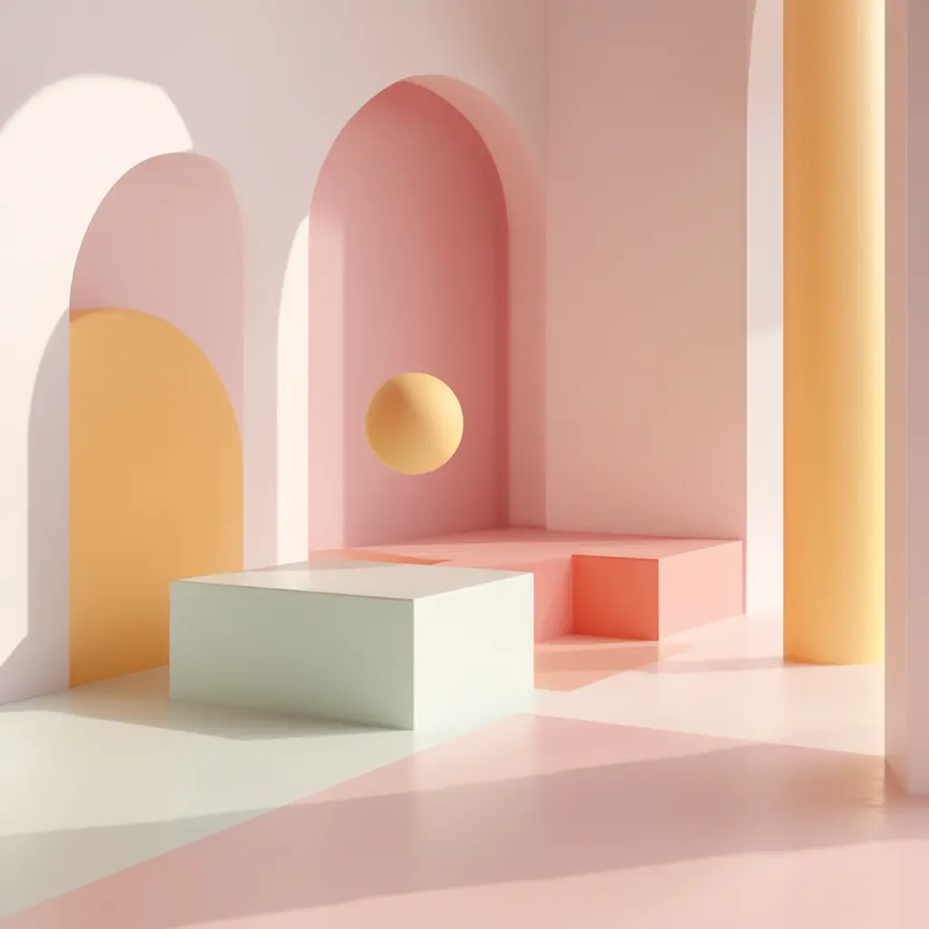 Dekorative 3D-Szene mit Bögen, Podest und warmen Pastellfarben