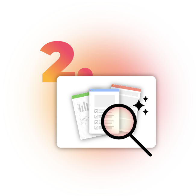 Prozessgrafik Schritt 2 mit Dokumenten und Lupe zur Analyse